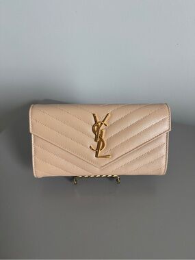 Authentic Saint Laurent Monogram Envelope Wallet – Beige Grained leather